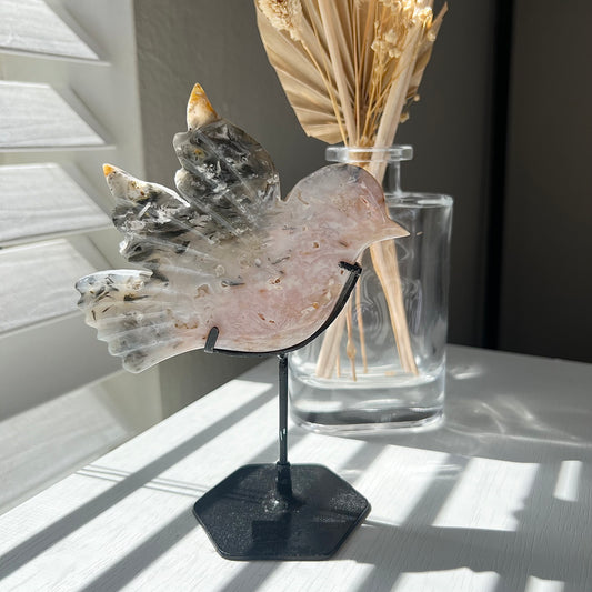 PLUME AGATE BIRD ON STAND