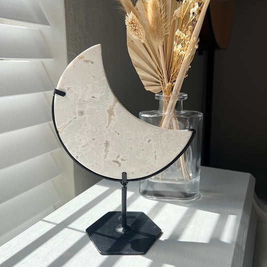 WHITE SNOW AGATE MOON ON STAND