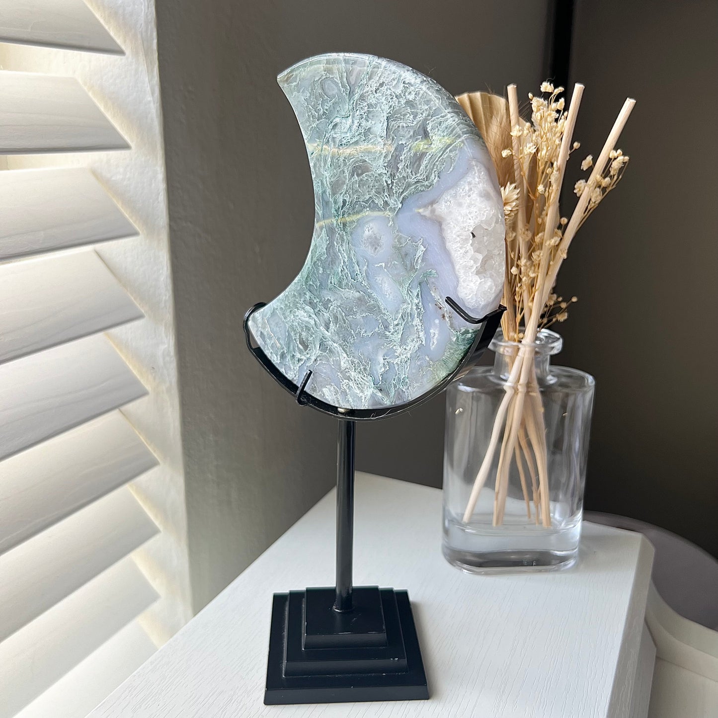 MOSS AGATE MOON ON STAND